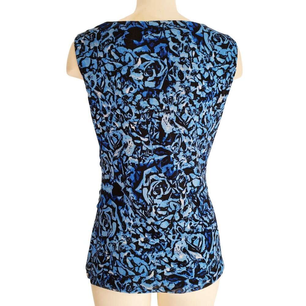 Cable & Gauge Mesh Lined Drape Neck Ruched Waist Sleeveless Blouse Blue Black M - Picture 3 of 13